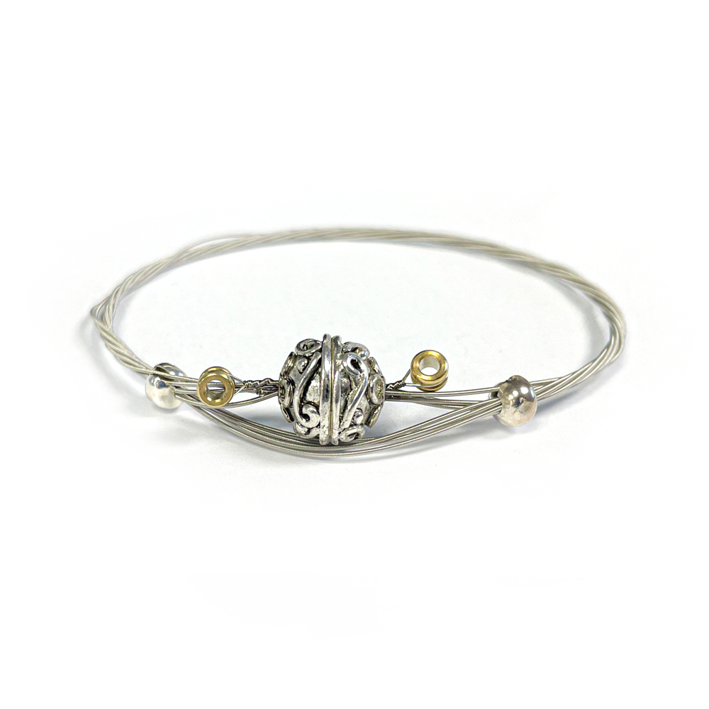 Single Bead Bangle Guitar String Bracelet - Silver