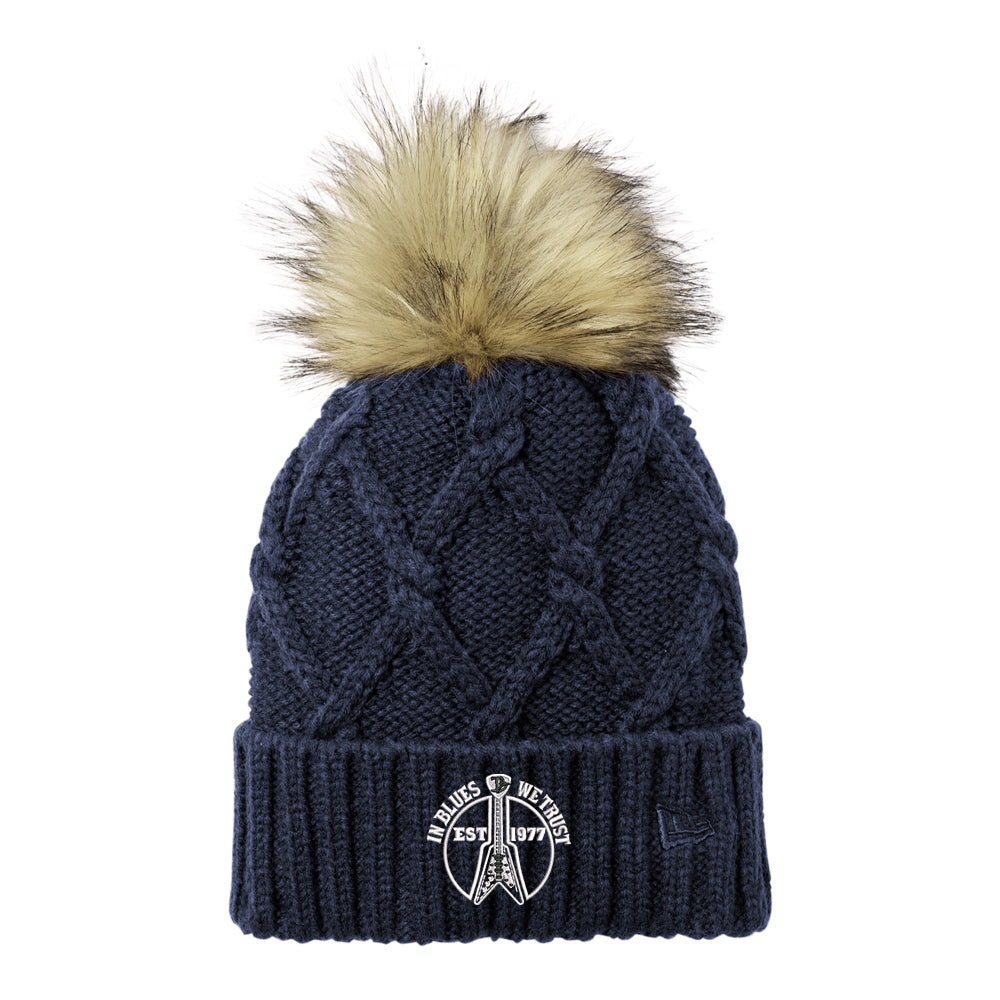 In Blues We Trust Flying V Logo New Era Faux Fur Pom Beanie