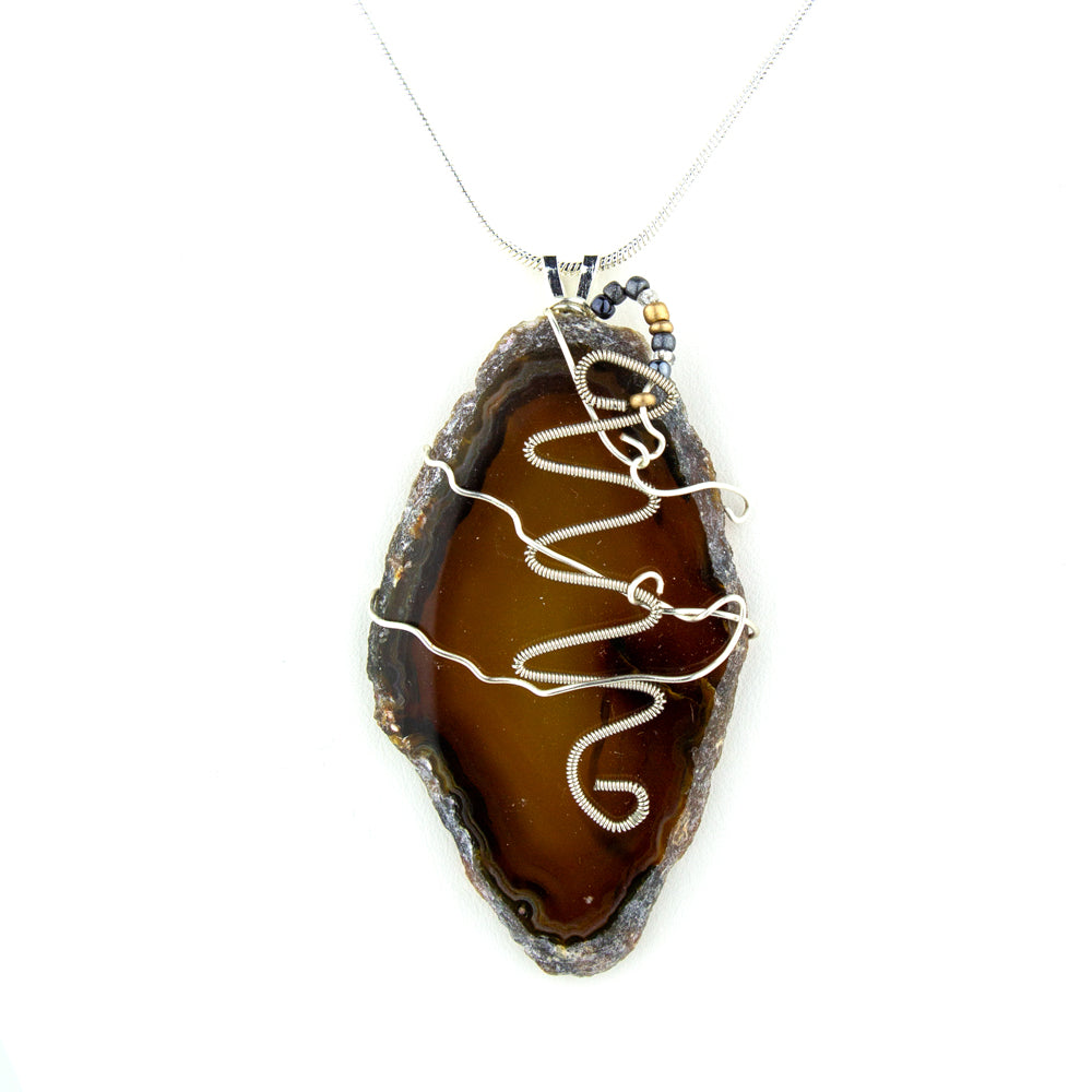 Sliced Agate & Guitar String Necklace - Silver Wire