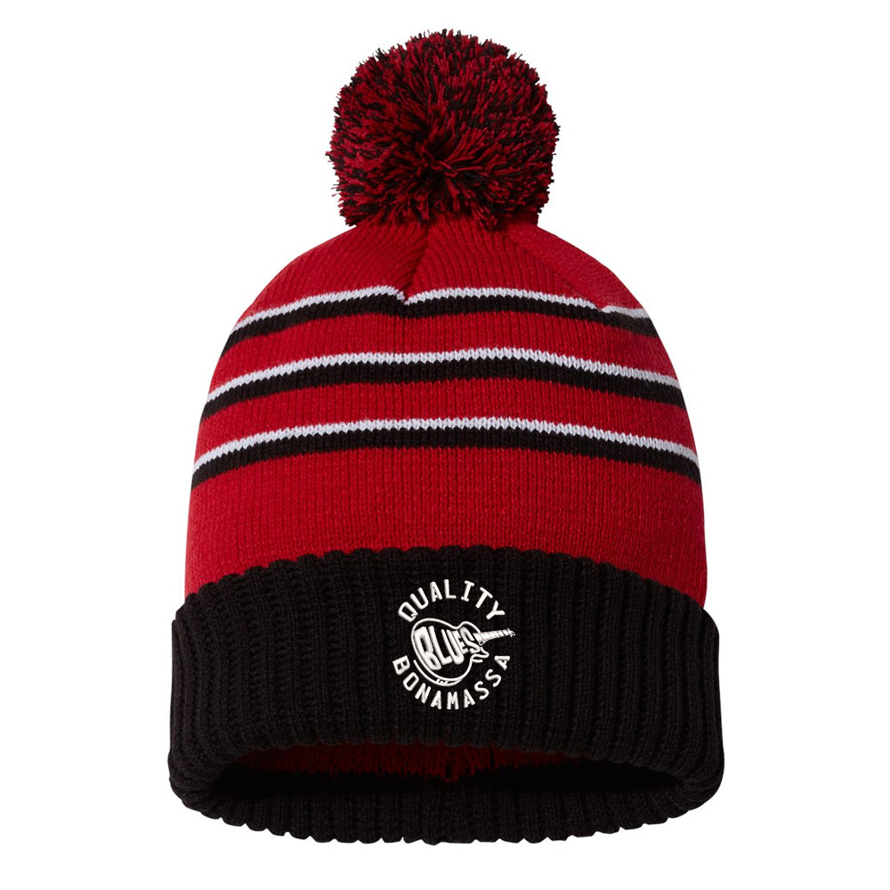 Quality Blues Stripe Pom Beanie - Red/Black