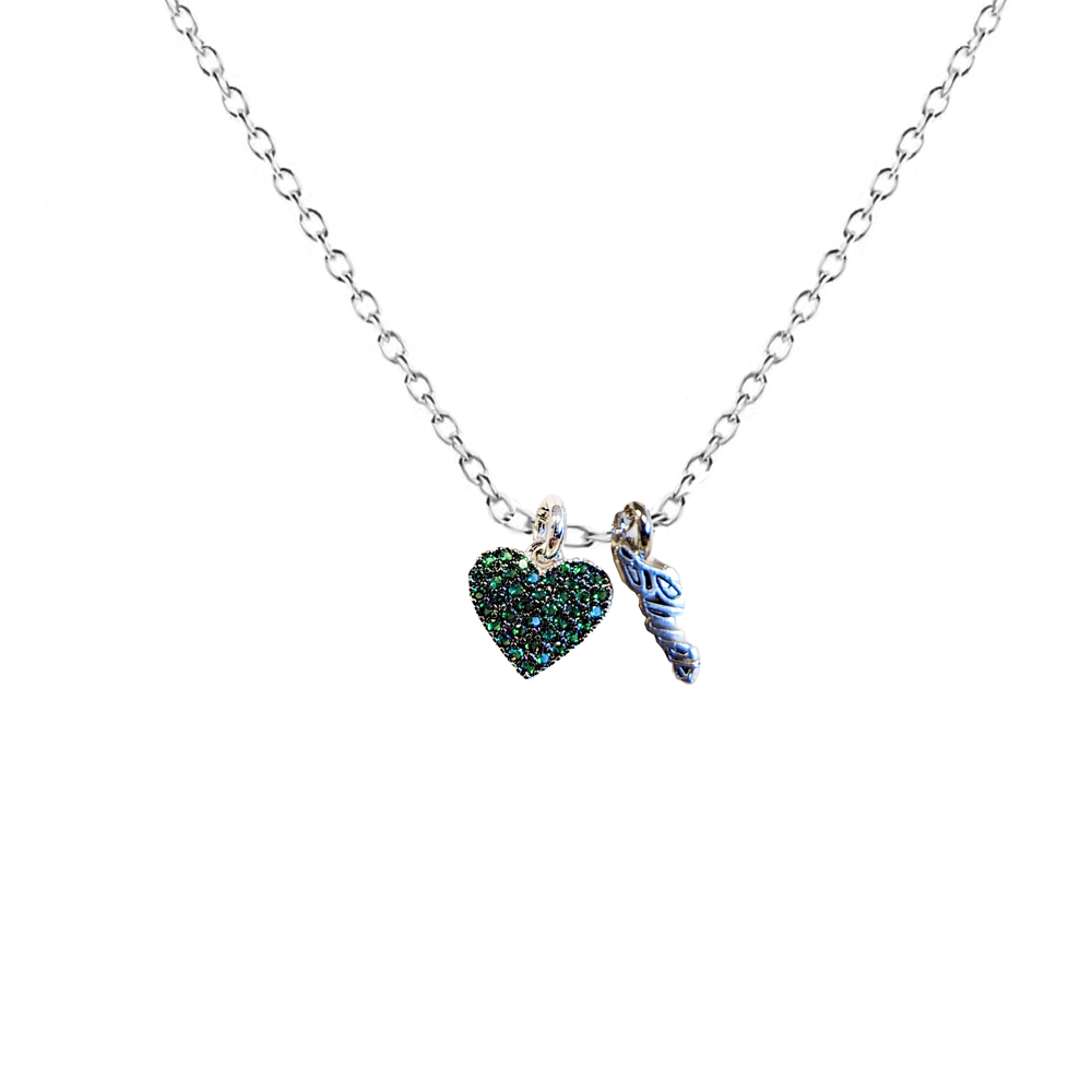 Pave Heart & Blues Charm Necklace - Silver/Emerald