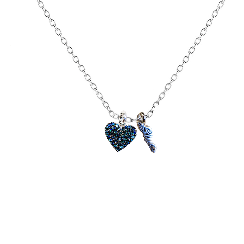 Pave Heart & Blues Charm Necklace - Silver/Sapphire