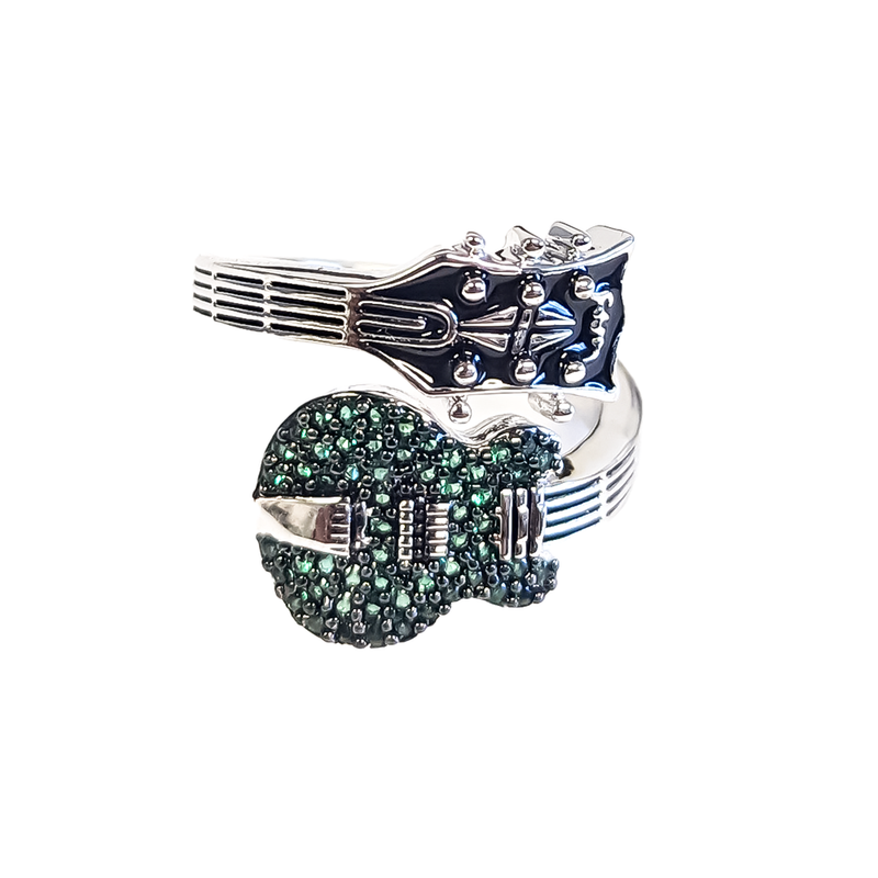Pave ES Guitar Ring - Silver/ Emerald