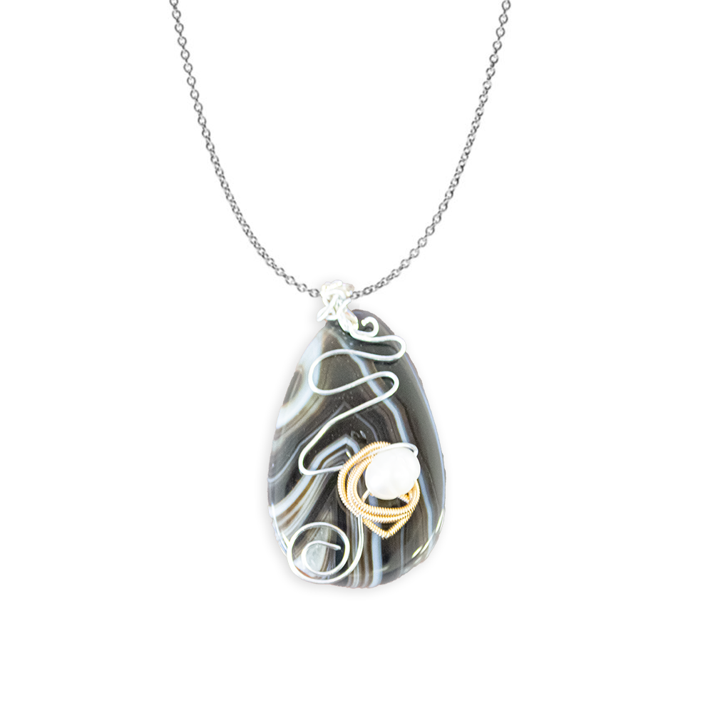 Banded Agate & Guitar String Necklace - Silver