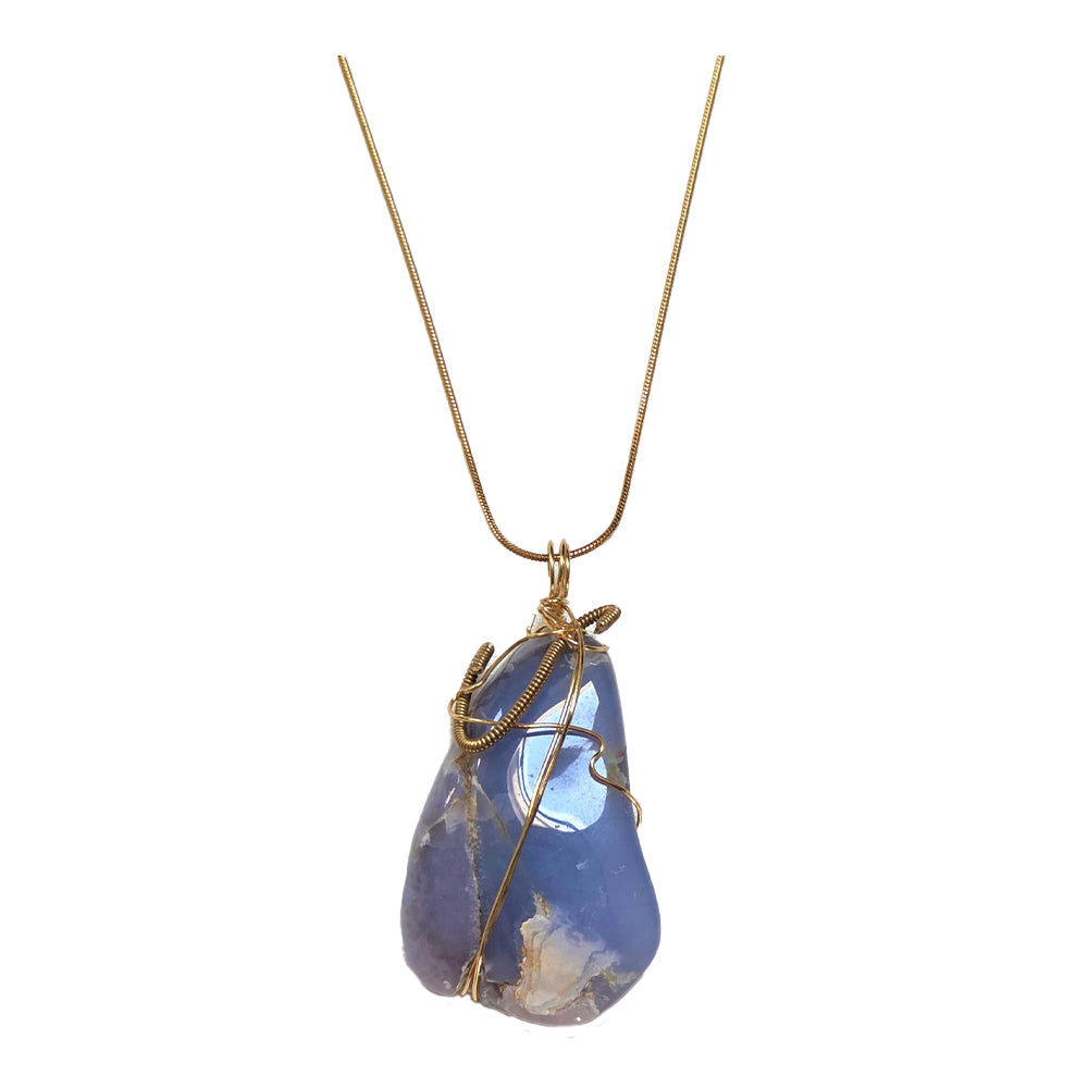 Blue Lace Agate Necklace - Gold Guitar Wire
