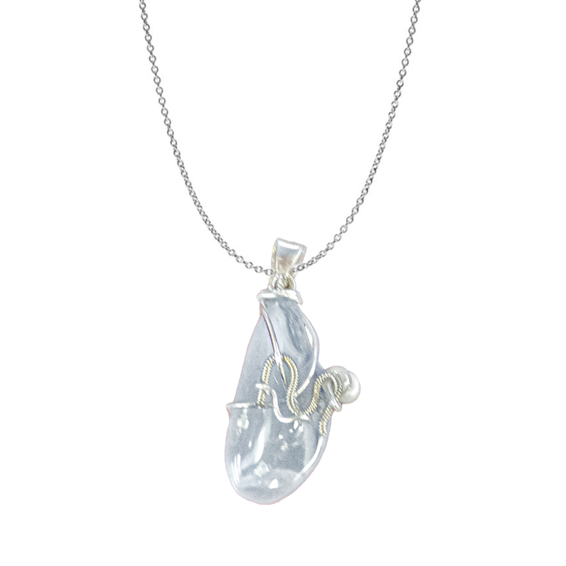 Blue Lace Agate & Guitar String Necklace - Silver