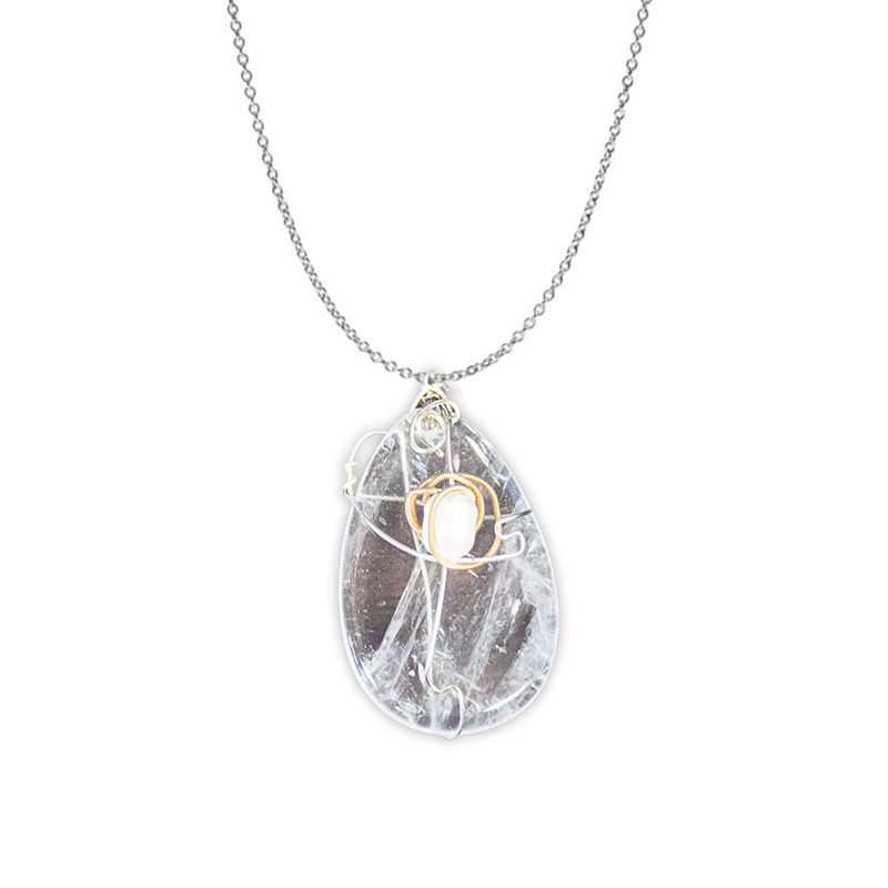 Crystal Quartz Teardrop & Guitar String Necklace - Silver