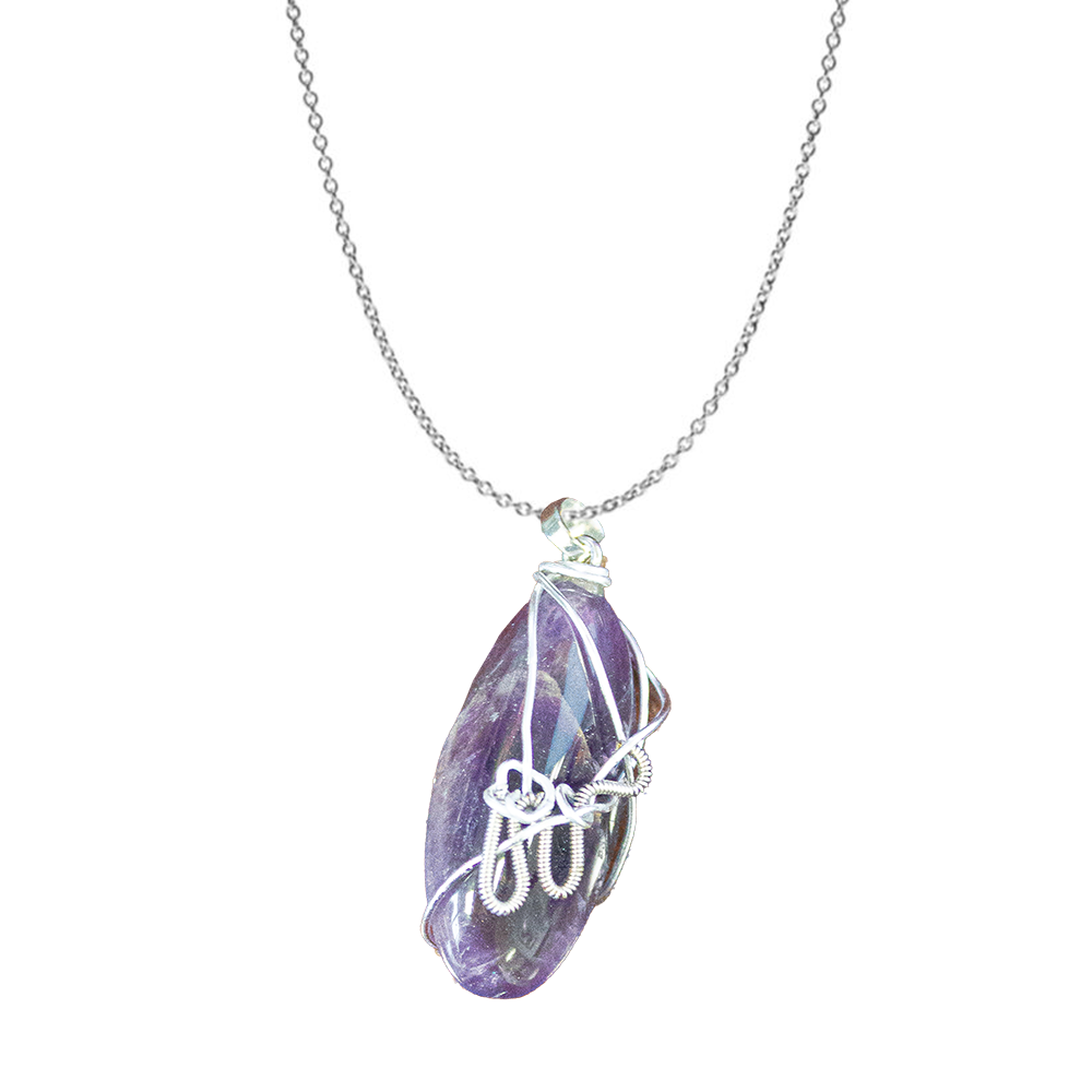 Dogtooth Polished Amethyst & Guitar String Necklace - Silver