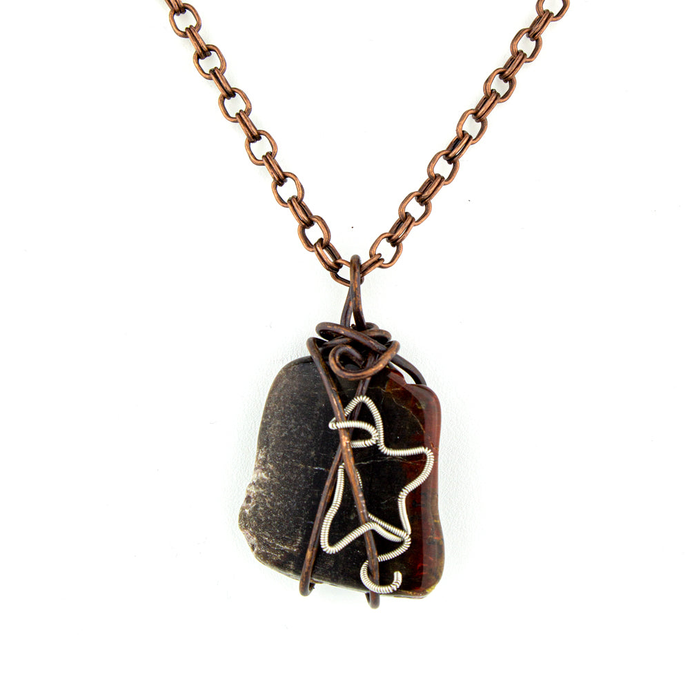 Petrified Wood & Guitar String Necklace - Copper Wire