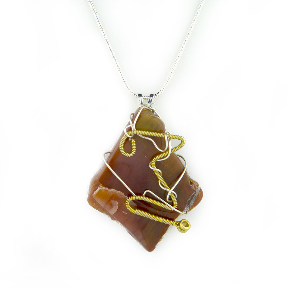Petrified Wood & Guitar String Necklace - Silver Wire