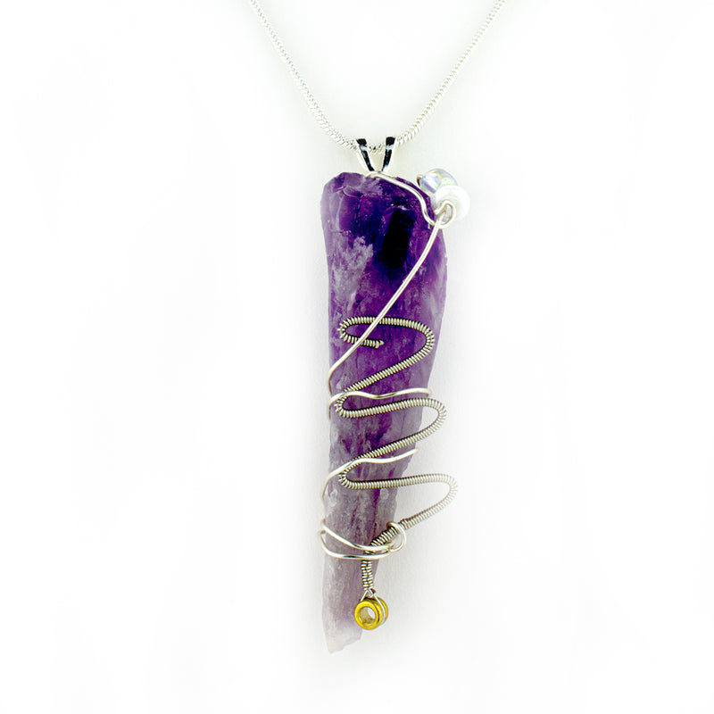 Amethyst & Guitar String Necklace - Silver Wire