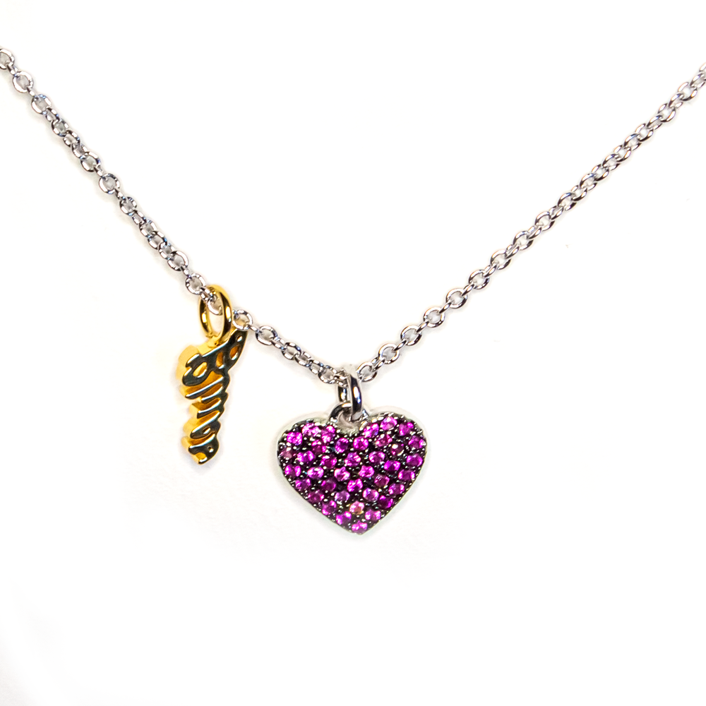 Pave Heart & Blues Charm Necklace - 2-Tone/Ruby