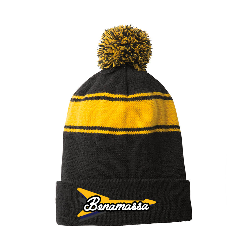 Triple Flying V Stripe Pom Pom Beanie - Black/Gold